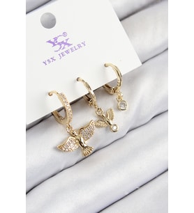 Pirinç Zirkon Taşlı 3'lü Kuş Model Gold Renk Kadın Küpe (Altın)