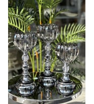 Ultra Lüks Kristal Taşlı Metal Ayaklı Şamdan 3'lü Set Cam (Koyu Füme)