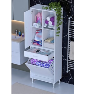 Eliusta Liora Beyaz Çok Amaçlı Banyo Dolabı 55 cm Genişliğe Sahip 55x171x32,5 cm Tek Sepetli 2 Raflı Dolap