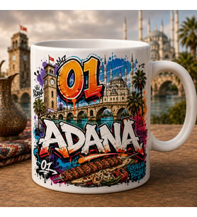 Adana Temalı Hediyelik Kupa Bardak - 01 Plaka Sokak Sanatı ve Graffiti Baskılı Özel Tasarım Kupa