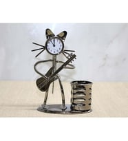 Metal Gitar Çalan Kedi Müzisyen Saat Ve Kalemlik