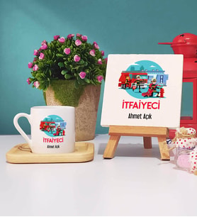 İtfaiyeci Tasarımlı Kişiye Özel Hediye İtfaiyeci Ahşap Altlıklı Türk Kahvesi Fincanı ve Dekoratif Taş Baskı