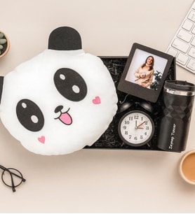 Kişiye Özel Fotoğraflı Çerçeve,Masa Saati,Termos Ve Panda Yastık Hediye Seti (Siyah)