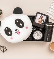Kişiye Özel Fotoğraflı Çerçeve,Masa Saati,Termos Ve Panda Yastık Hediye Seti (Siyah)
