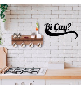 BK Home Doğal Ahşap Raflı Dekoratif Fincan Askılığı ve Bi Çay Duvar Süsü-3 (Beyaz)