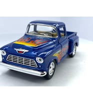 1955 Chevy Stepside Pick-Up (Alev Desenli)-Çek bırak 5inch. Lisanslı Model Araba, Oyuncak Araba 1:32