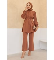 Kolları Piliseli Pantolon Tunik Takım - Camel