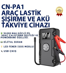 10.000 mAh Araç Lastik Şişirme Kompresörü & Akü Takviye Cihazı Jump Starter 150 PSI Dijital Ekran Powerbank