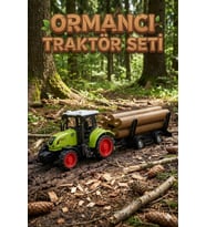 Oyuncak Römorklu Traktör Seti - Tomruk Yüklü Ormancı Çiftlik Aracı - 24 cm Yeşil Traktör