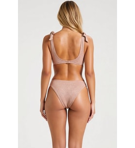 Kadın Bikini Takımı Simli Üçgen Kap Bağlama Detaylı Yüksek Bel Örme Kumaş Kapsız Slip Alt Şık