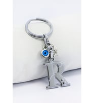 Gümüş Renkli Yıldızlı Nazar Boncuklu Metal R Harfi Anahtarlık / Harfli Çanta Süsü