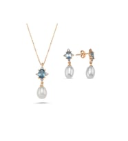 Mavi Renk Taşlı Doğal İnci Sallantı Küpe Kolye İkili Set (Rose)