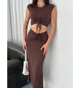 Osy Modal Büzgülü Crop Etekli İkili Takım – Kahverengi