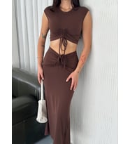 Osy Modal Büzgülü Crop Etekli İkili Takım – Kahverengi