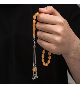 Sıkma Kehribar 925 Ayar Gümüş Tesbih (Bej)