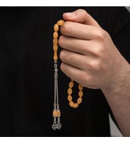 Sıkma Kehribar 925 Ayar Gümüş Tesbih (Bej)