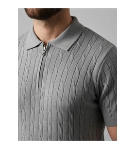 Erkek Yazlık Triko Saç Örgü Tişört Kısa Kol Polo Yaka Fermuarlı T-Shirt - Gri