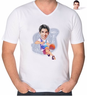 BK Gift Kişiye Özel Erkek Basketbolcu Karikatürlü V Yaka Tişört-2 (Beyaz)