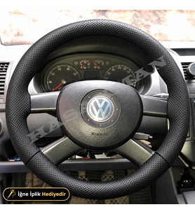 Volkswagen Polo 9N-9N3 Dikme Direksiyon Kılıfı Premium Komple Delikli Deri Siyah Dikiş 3 Kollu-Tuşsuz-Trendline-Comfortline 2002-2009