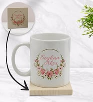 BK Gift Kişiye Özel Çiçek Tasarımlı Beyaz Kupa Bardak ve Ahşap Bardak Altlığı Hediye Seti - Model 23