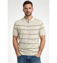 pilelistore- Erkek T-shirt Çizgili Triko Dokuma Kumaş Polo Yaka Yarım Fermuarlı Regular Kalıp Tişört (Bej)