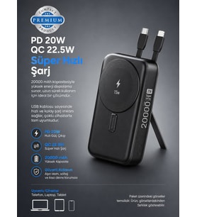 22.5W Hızlı Şarj Powerbank Type-C Giriş Çıkışlı Kablolu MagSafe Uyumlu Taşınabilir Şarj Cihazı