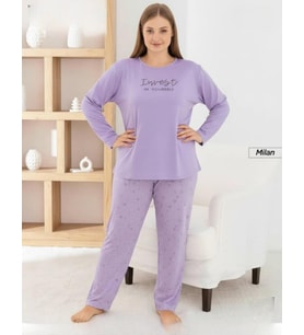 Pijamoni Kadın Milan Büyük Beden Bisiklet Yaka Uzun Kol İnce Pijama Takımı 7666/36 - 1 Adet