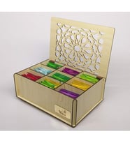 Ahşap Akça Renk Çay Kutusu 9 Bölmeli Kapaklı  Poşet Bitki Çayı Saklama Kabı Tea Box ( Çaylar Dahil)