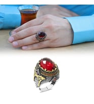 Faset Kesim Kırmızı Zirkon Taşlı Oval Tasarım 925 Ayar Gümüş Erkek Yüzük (Çok Renkli)