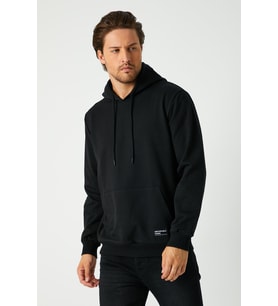 Erkek Siyah Basic Kapüşonlu Regular Fit Normal Kesim 2 İplik Kumaş Günlük Sweatshirt