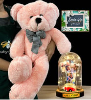 Size Özel İsimli Premium Set - Büyük Boy Pembe Peluş Ayıcık ve İsimli 3 Fotoğraflı Led Işıklı Fanus (Model 6)