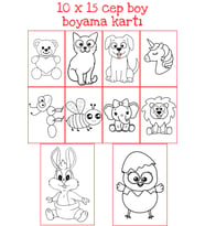10 Adet Sevimli Hayvanlar Boyama Kartı - Cep Boy 10x15cm - Kuşe Kart  - Anaokulu