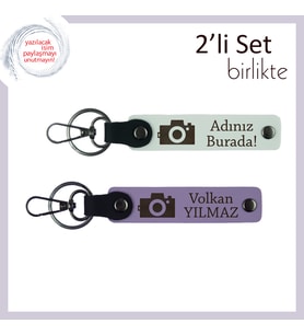 Kız Arkadaşa Fotoğraf Anısı Hediyesi, Deri Tasarım Yazılabilir Anahtarlık Seti, Beyaz-Mor Menekşe