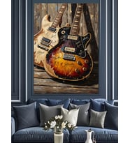 Duvara Yaslanmış İki Klasik Gitar Dekoratif Kanvas - Mdf Ahşap Tablo