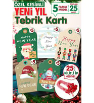 Yılbaşı Hediye Paketi Etiketi 25 Adet 7x4,5 Cm  , 25 Adet Kilitli İp Hediyeli - Happy New Year   Y2-T1016