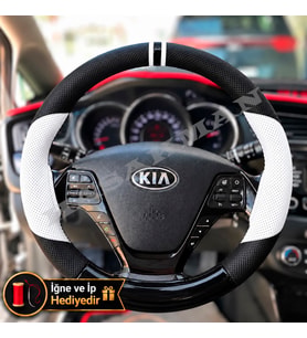 Kia Ceed Sportswagon Dikme Direksiyon Kılıfı Delikli Deri Parlak Siyah Beyaz Detay Çift Yüzük ve Dikiş 2012-2018