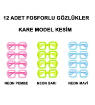 Mey İthalat®    Fosforlu Kare Model Glow Parti Gözlüğü Karanlıkta Yanan Gözlükler 12 Adet