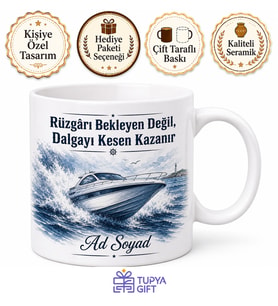 Sürat Teknesi Köpükler Çizimli Suları Yararak İlerleyen Heyecan Kupa Bardak Hediye