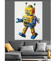 Retro Robot Oyuncak Figür Dekoratif Kanvas - Mdf Ahşap Tablo