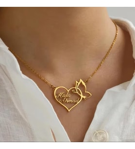 Kişiye Özel 925 Ayar Gümüş Kelebek Detaylı Kalp Çift İsim Kolye (Gold)