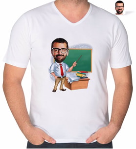 BK Gift Kişiye Özel Erkek Öğretmen Karikatürlü V Yaka Tişört-3 (Beyaz)