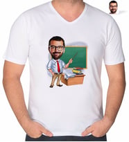 BK Gift Kişiye Özel Erkek Öğretmen Karikatürlü V Yaka Tişört-3 (Beyaz)