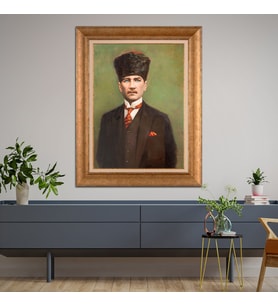 Altın Varaklı Çerçeveli Paspartulu Atatürk Tablo TR0897 (Gold)