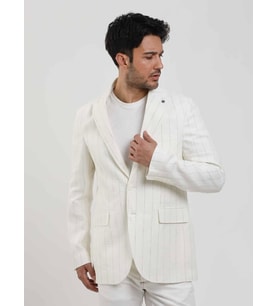 Dufy Ekru Erkek Regular Fit Çizgili Sivri Yaka Keten Ceket - 104438