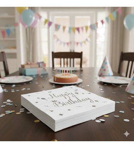 20'li Happy Birthday Peçete - Varaklı Beyaz Gümüş Baskılı