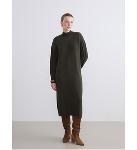 LCW Comfort Haki Dik Yaka Triko Elbise