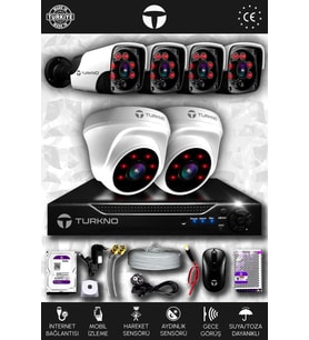TURKNO 6 Kameralı Pania 2 İç Kamera Set 500 GB HDD Full HD Gece Görüşlü Güvenlik Kamerası Sistemi