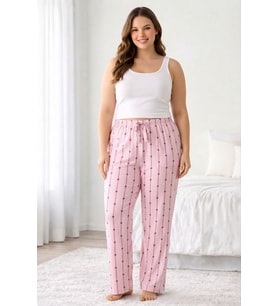Viskon Pamuklu Kadın Büyük Beden Açık Pembe Desenli Pijama Pantolon - MGB007 - Mudanis