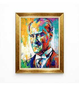 Tablore Modern Sanat Renkli Atatürk Tablosu - Pop Art Tarzı Gold Çerçeveli Kanvas