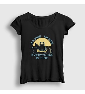 Presmono Kadın Siyah Everything Is Fine Cat Kedili T-Shirt 447322tt